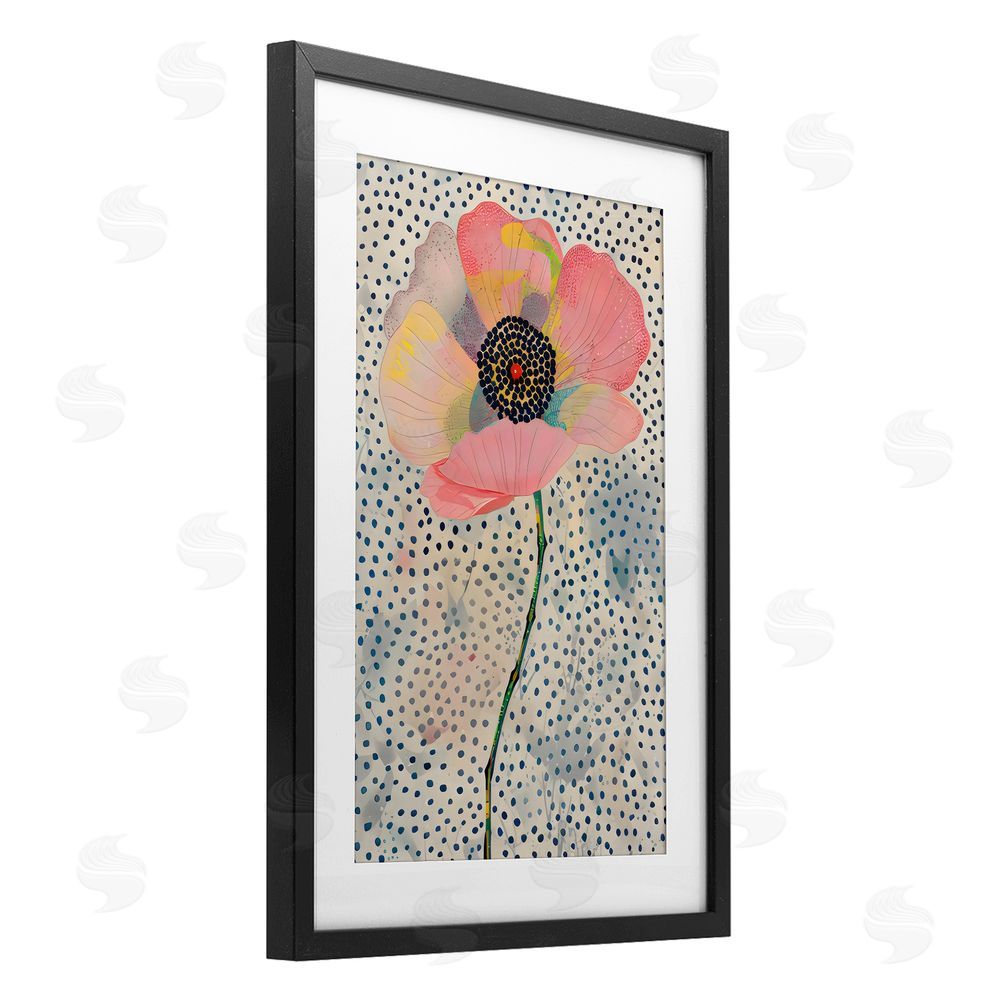 LSR Design Studio Dotted Floral Pink Poppy Black Framed Print Under Glass with White Mat Wall Art