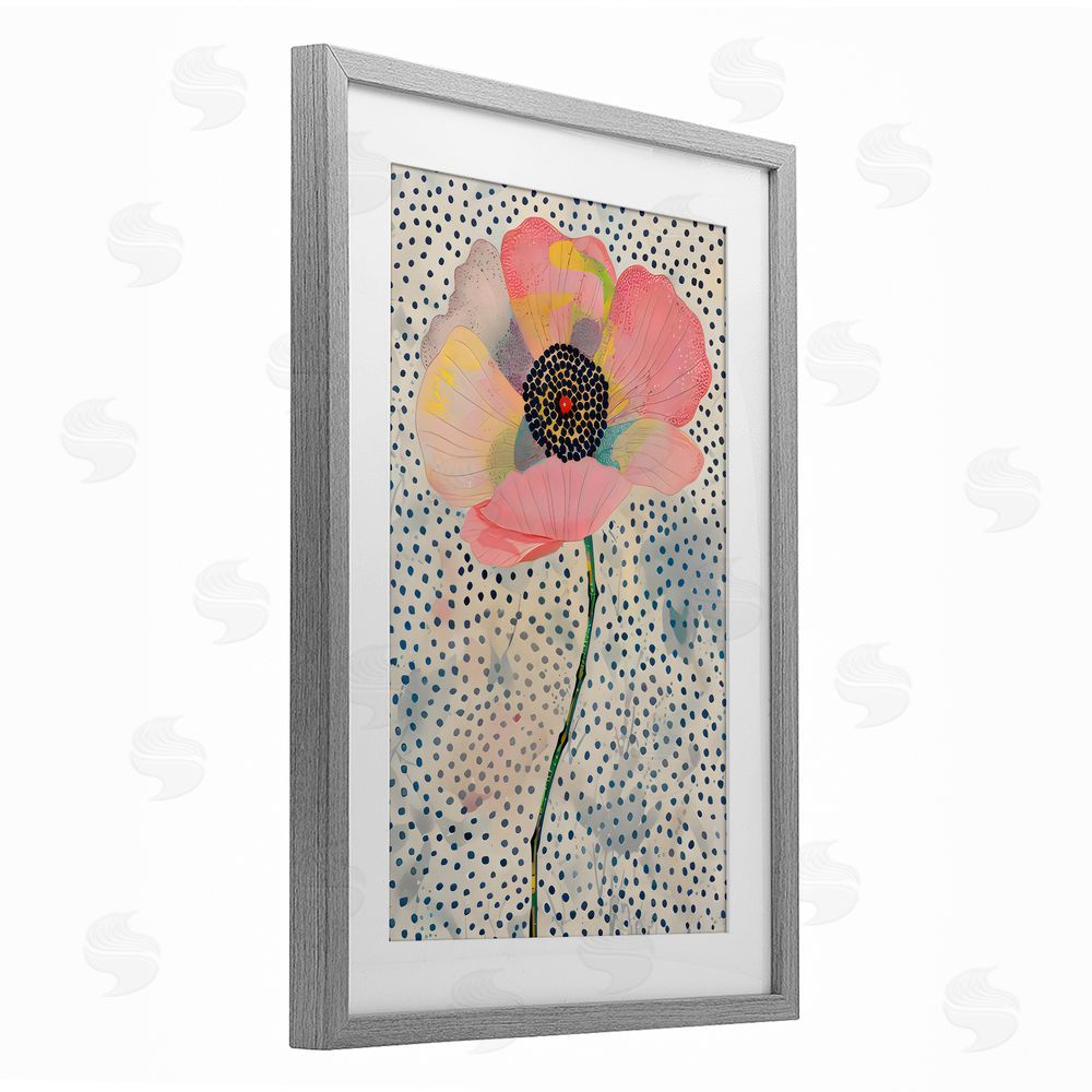 LSR Design Studio Dotted Floral Pink Poppy Gray Framed Print Under Glass with White Mat Wall Art