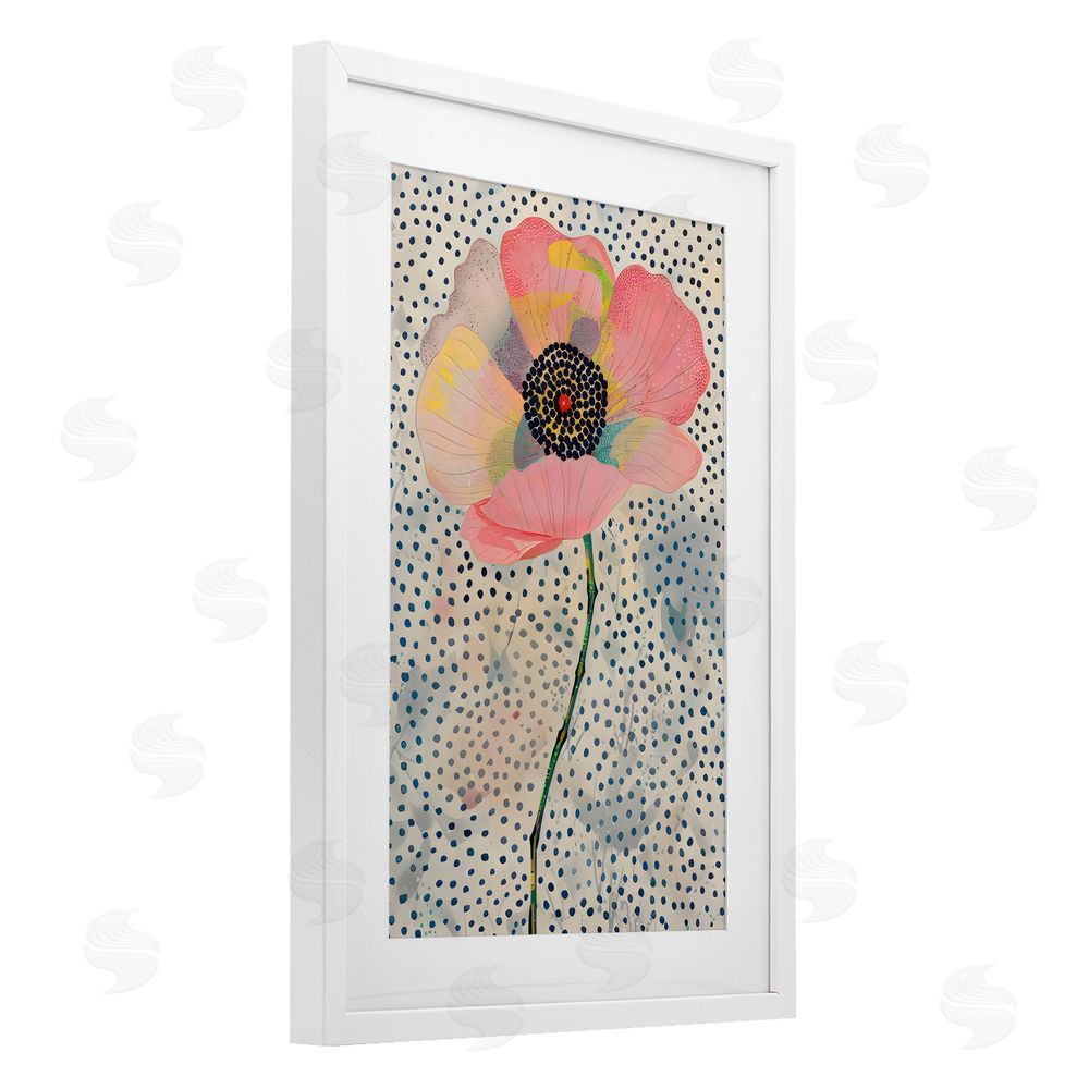 LSR Design Studio Dotted Floral Pink Poppy White Framed Print Under Glass with Mat Wall Art