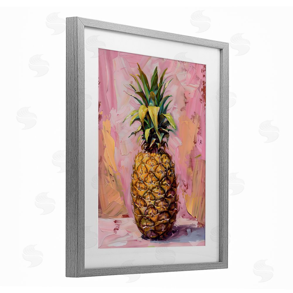LSR Design Studio Pineapple Bliss over Pink Gray Framed Print Under Glass with White Mat Wall Art