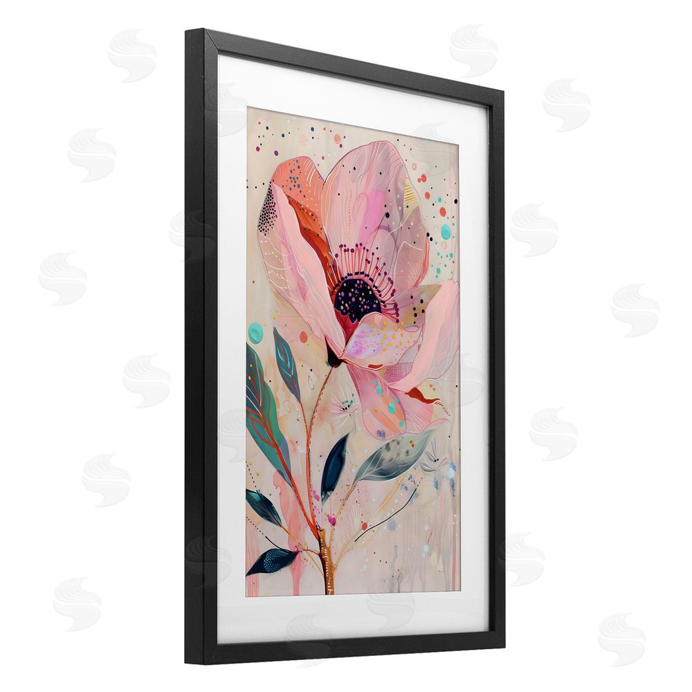 LSR Design Studio Colorful Dots Pink Poppy Black Framed Print Under Glass with White Mat Wall Art