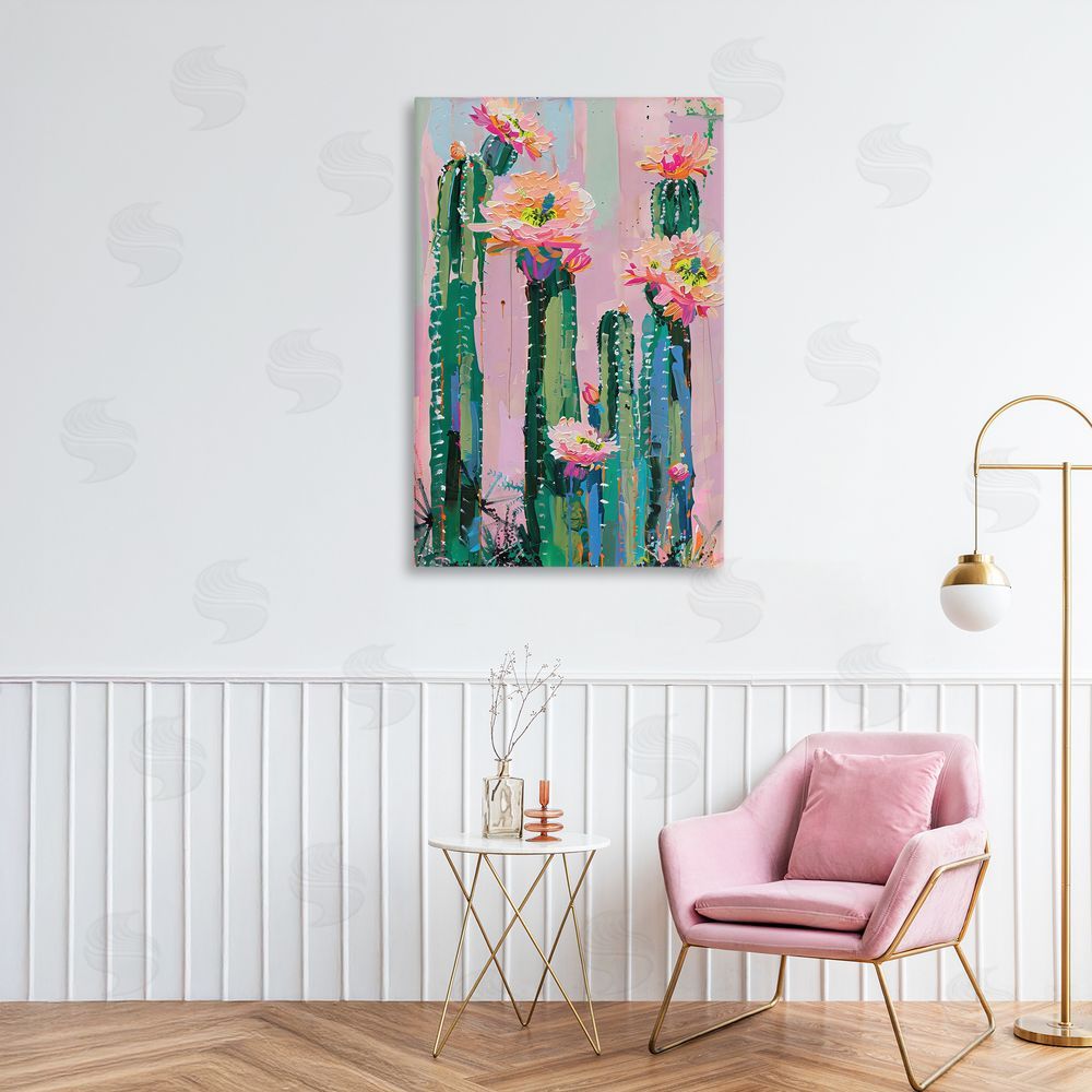 LSR Design Studio Vibrant Cactus Flowers over Pink Canvas Art on Wall
