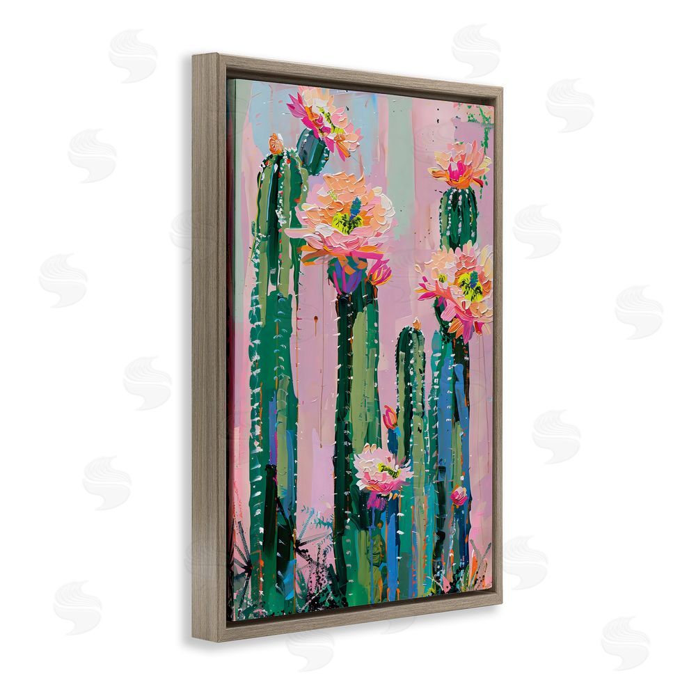 LSR Design Studio Vibrant Cactus Flowers over Pink Brown Floating Frame Canvas Wall Art Print