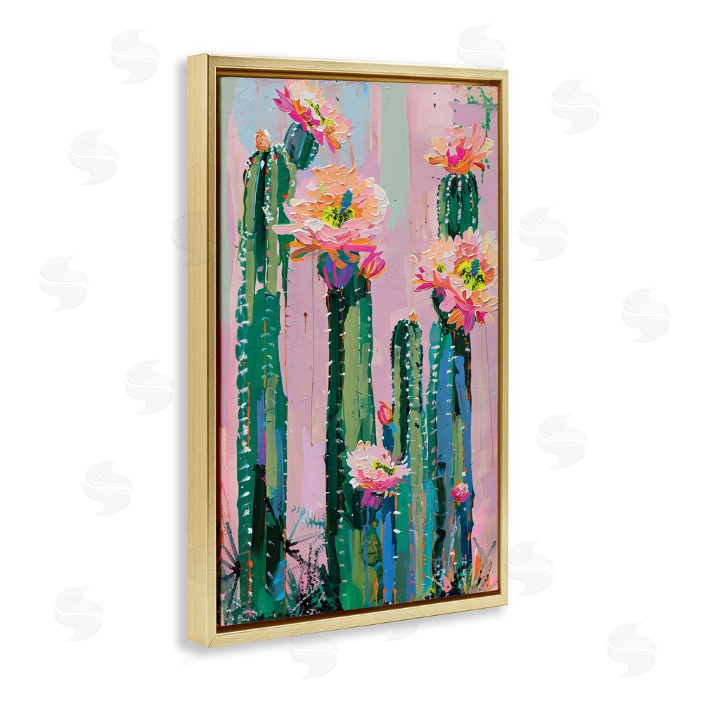 LSR Design Studio Vibrant Cactus Flowers over Pink Gold Floating Frame Canvas Wall Art Print