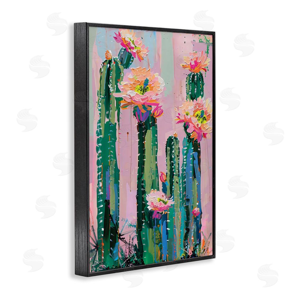 LSR Design Studio Vibrant Cactus Flowers over Pink Black Framed Giclee Wall Art Print