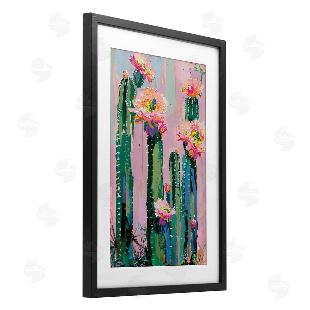 LSR Design Studio Vibrant Cactus Flowers over Pink Black Framed Print Under Glass with White Mat Wall Art