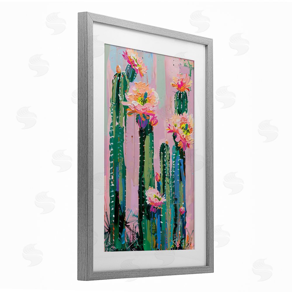 LSR Design Studio Vibrant Cactus Flowers over Pink Gray Framed Print Under Glass with White Mat Wall Art