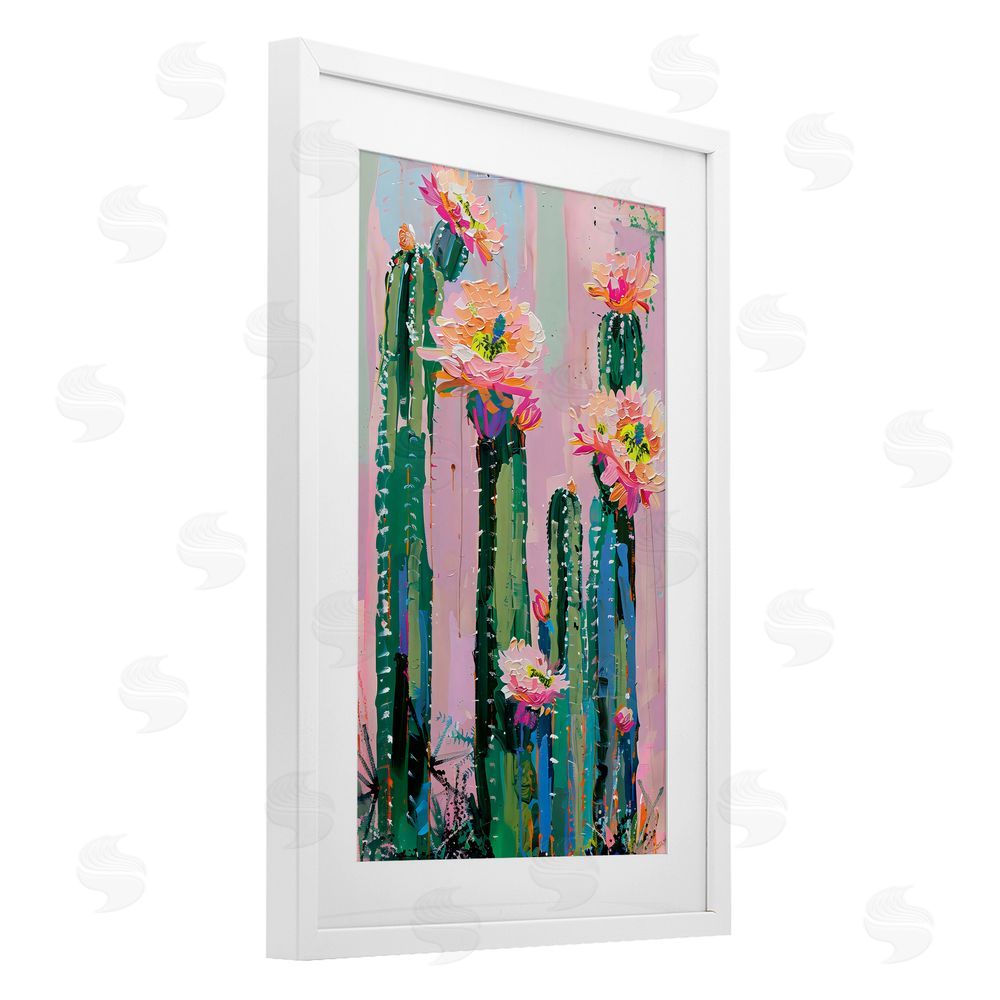 LSR Design Studio Vibrant Cactus Flowers over Pink White Framed Print Under Glass with Mat Wall Art