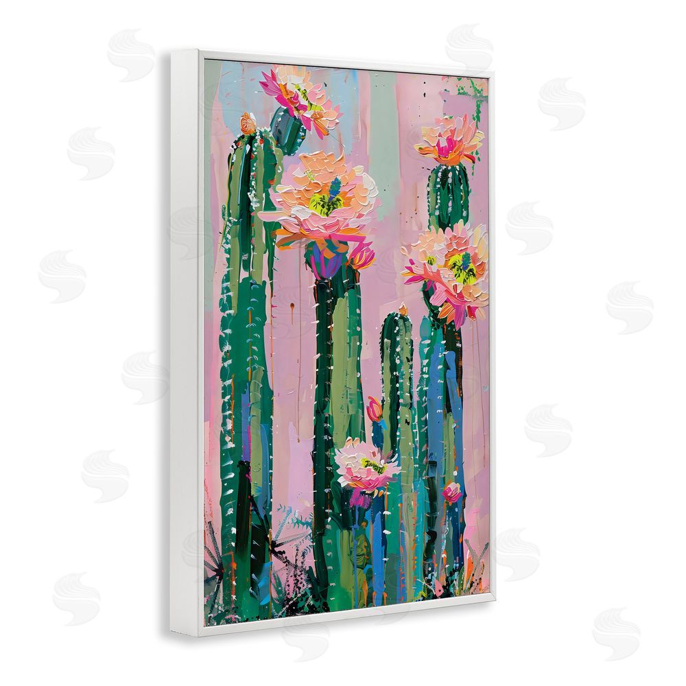 LSR Design Studio Vibrant Cactus Flowers over Pink White Framed Giclee Wall Art Print