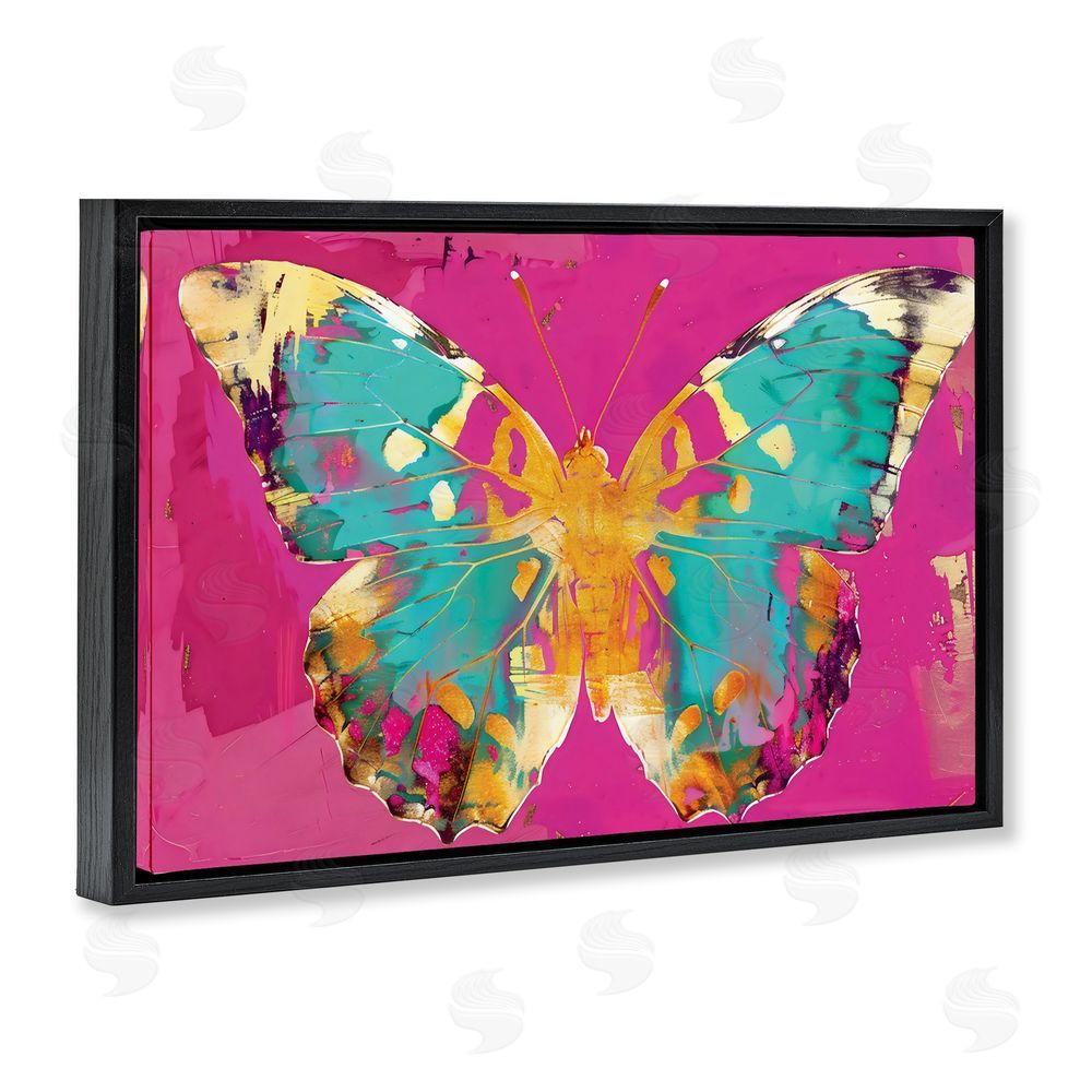 LSR Design Studio Jewel Butterfly over Pink Black Floating Frame Canvas Wall Art Print