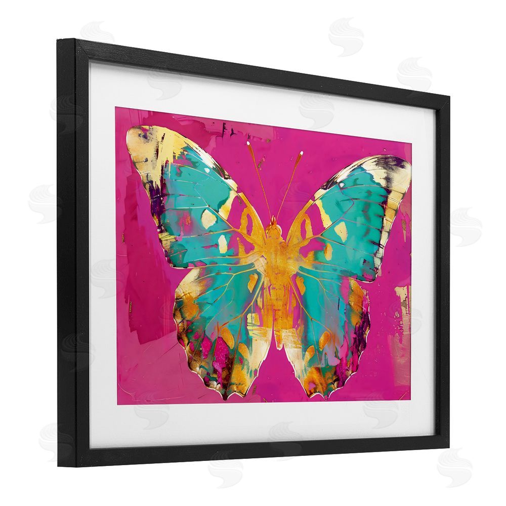 LSR Design Studio Jewel Butterfly over Pink Black Framed Print Under Glass with White Mat Wall Art