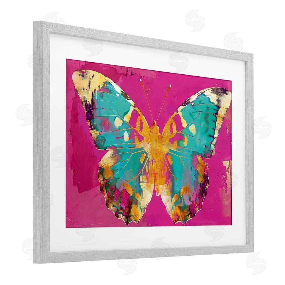 LSR Design Studio Jewel Butterfly over Pink Gray Framed Print Under Glass with White Mat Wall Art