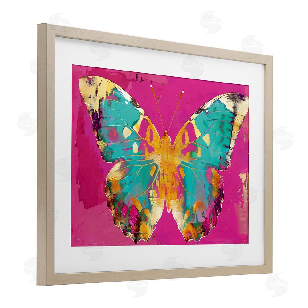 LSR Design Studio Jewel Butterfly over Pink Birch Framed Print Under Glass with White Mat Wall Art
