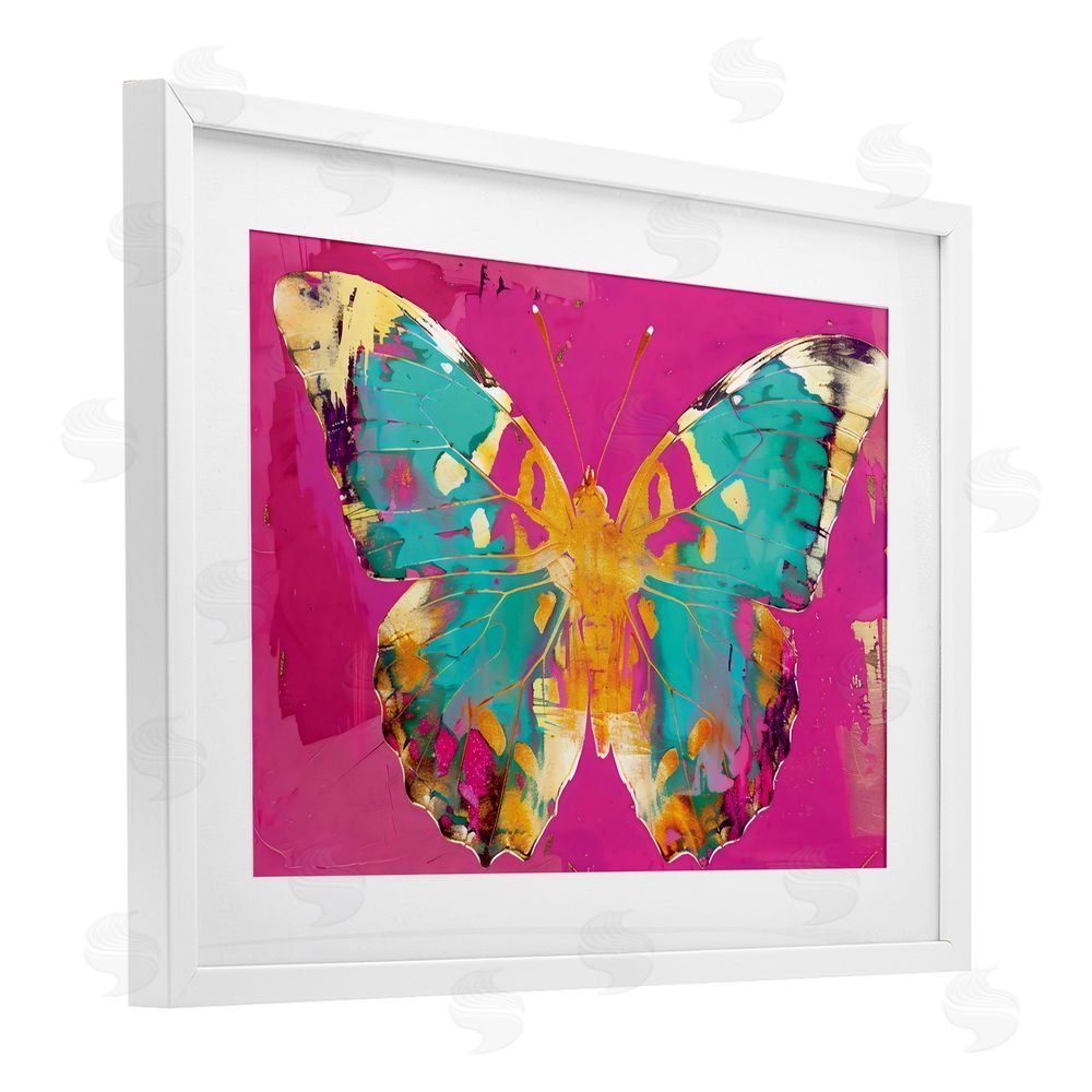LSR Design Studio Jewel Butterfly over Pink White Framed Print Under Glass with Mat Wall Art
