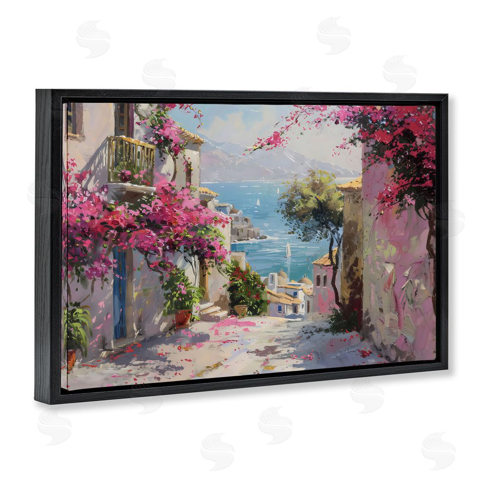 LSR Design Studio Floral Village Streets Coastal Town Black Floating Frame Canvas Wall Art Print