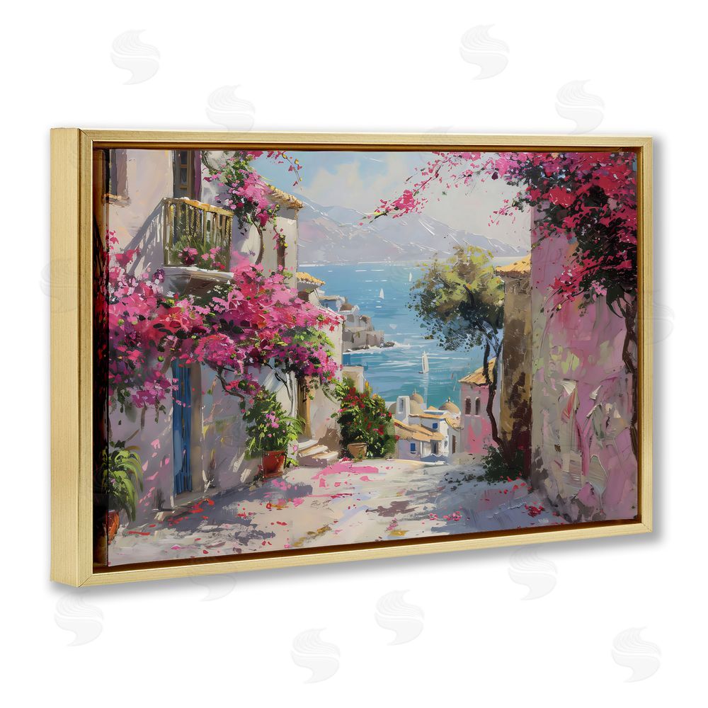 LSR Design Studio Floral Village Streets Coastal Town Gold Floating Frame Canvas Wall Art Print