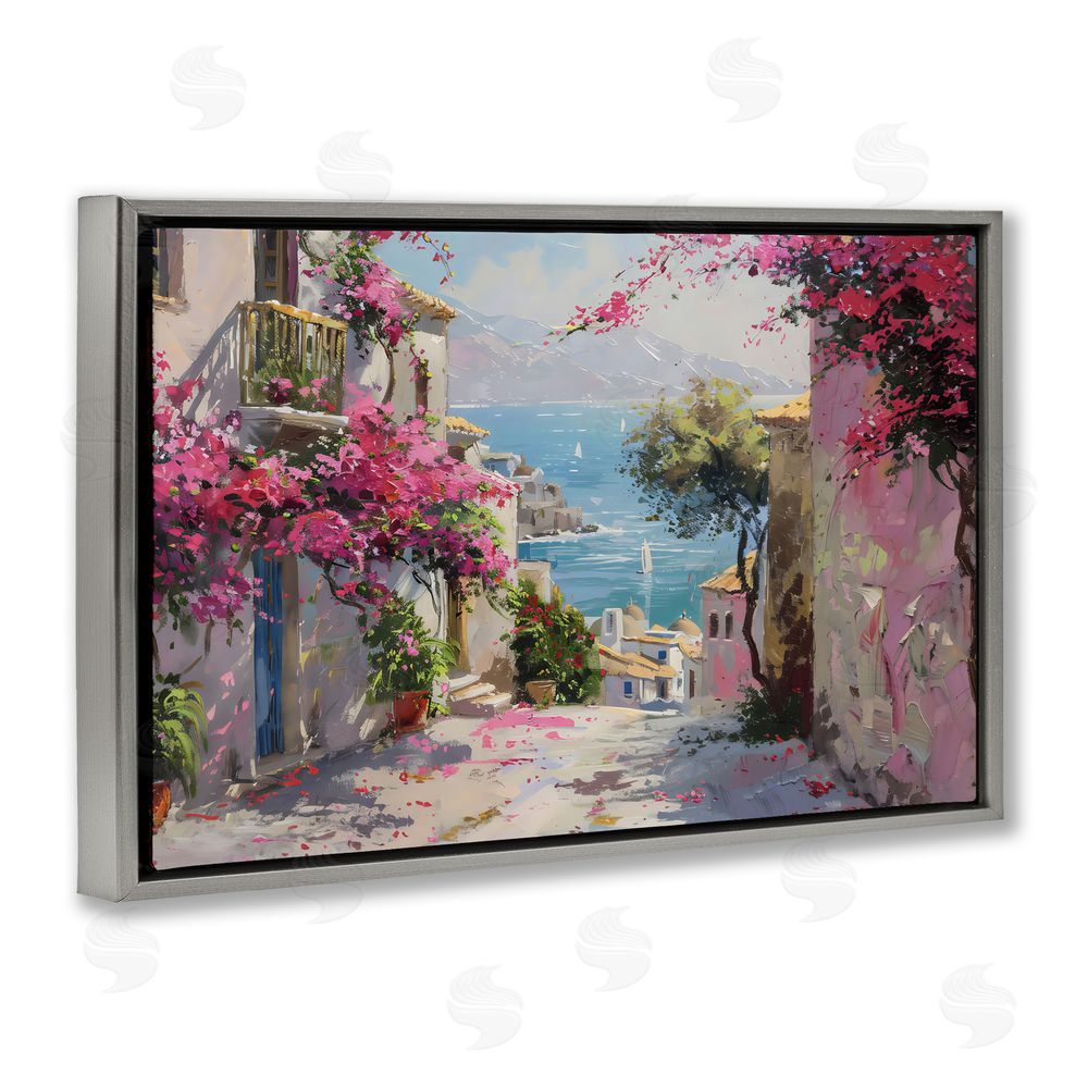 LSR Design Studio Floral Village Streets Coastal Town Gray Floating Frame Canvas Wall Art Print