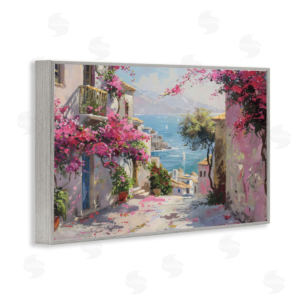 LSR Design Studio Floral Village Streets Coastal Town Gray Framed Giclee Wall Art Print