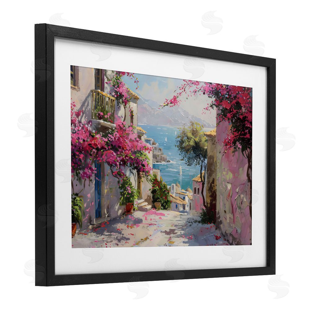 LSR Design Studio Floral Village Streets Coastal Town Black Framed Print Under Glass with White Mat Wall Art