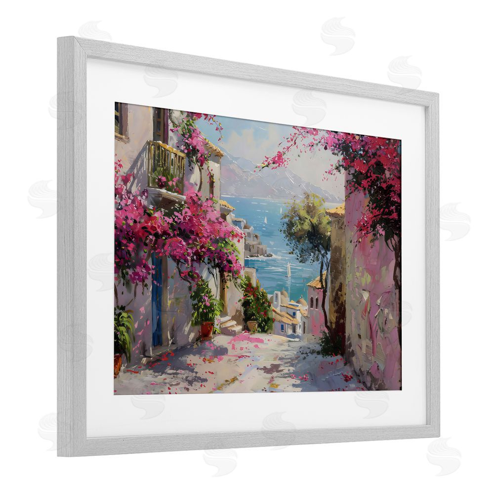 LSR Design Studio Floral Village Streets Coastal Town Gray Framed Print Under Glass with White Mat Wall Art