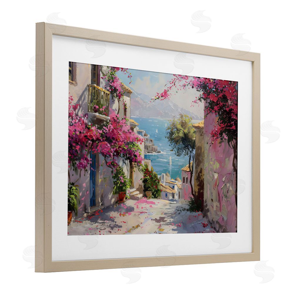 LSR Design Studio Floral Village Streets Coastal Town Birch Framed Print Under Glass with White Mat Wall Art