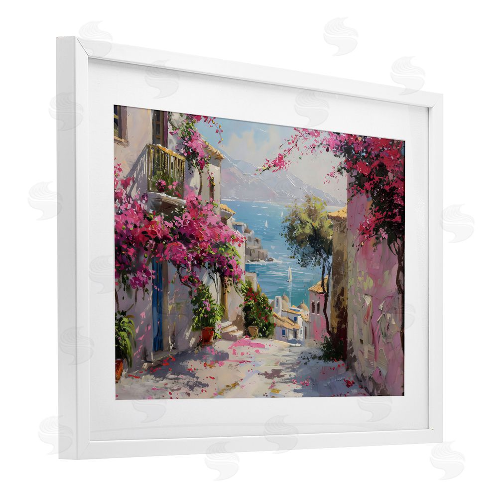 LSR Design Studio Floral Village Streets Coastal Town White Framed Print Under Glass with Mat Wall Art