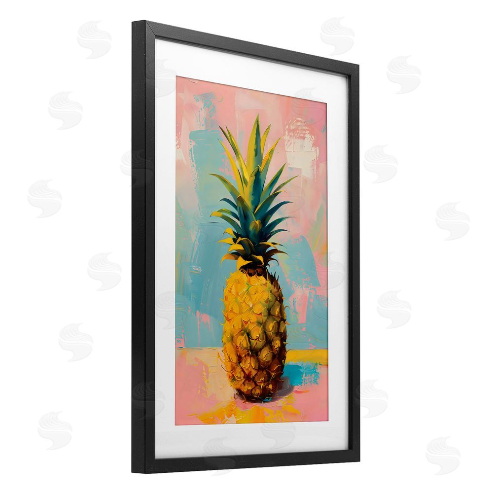 LSR Design Studio Pineapple Dream over Pink Blue Black Framed Print Under Glass with White Mat Wall Art