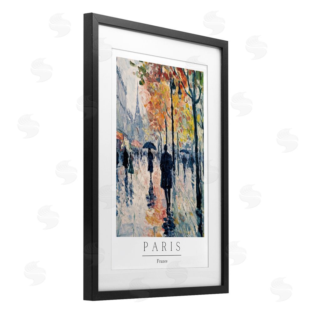 Petal Prints Design Autumnal Paris Street Scene Black Framed Print Under Glass with White Mat Wall Art