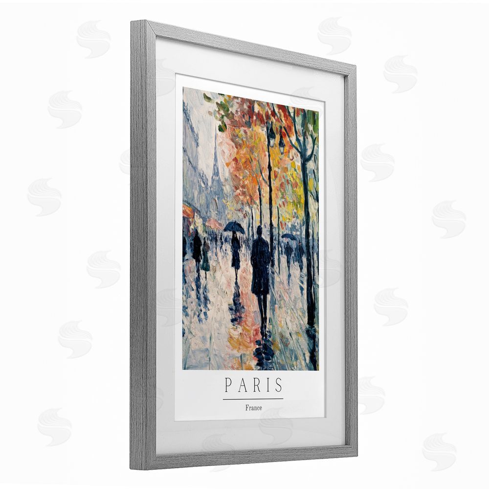 Petal Prints Design Autumnal Paris Street Scene Gray Framed Print Under Glass with White Mat Wall Art