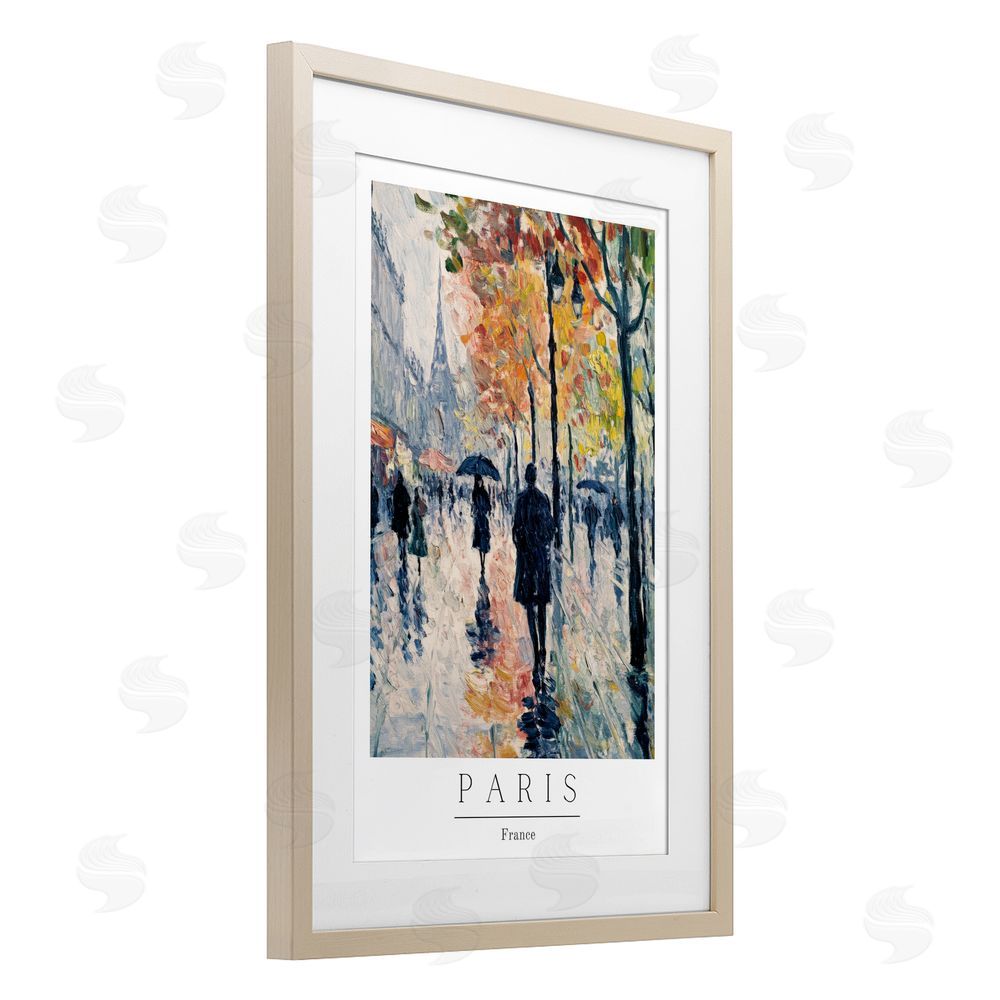 Petal Prints Design Autumnal Paris Street Scene Birch Framed Print Under Glass with White Mat Wall Art