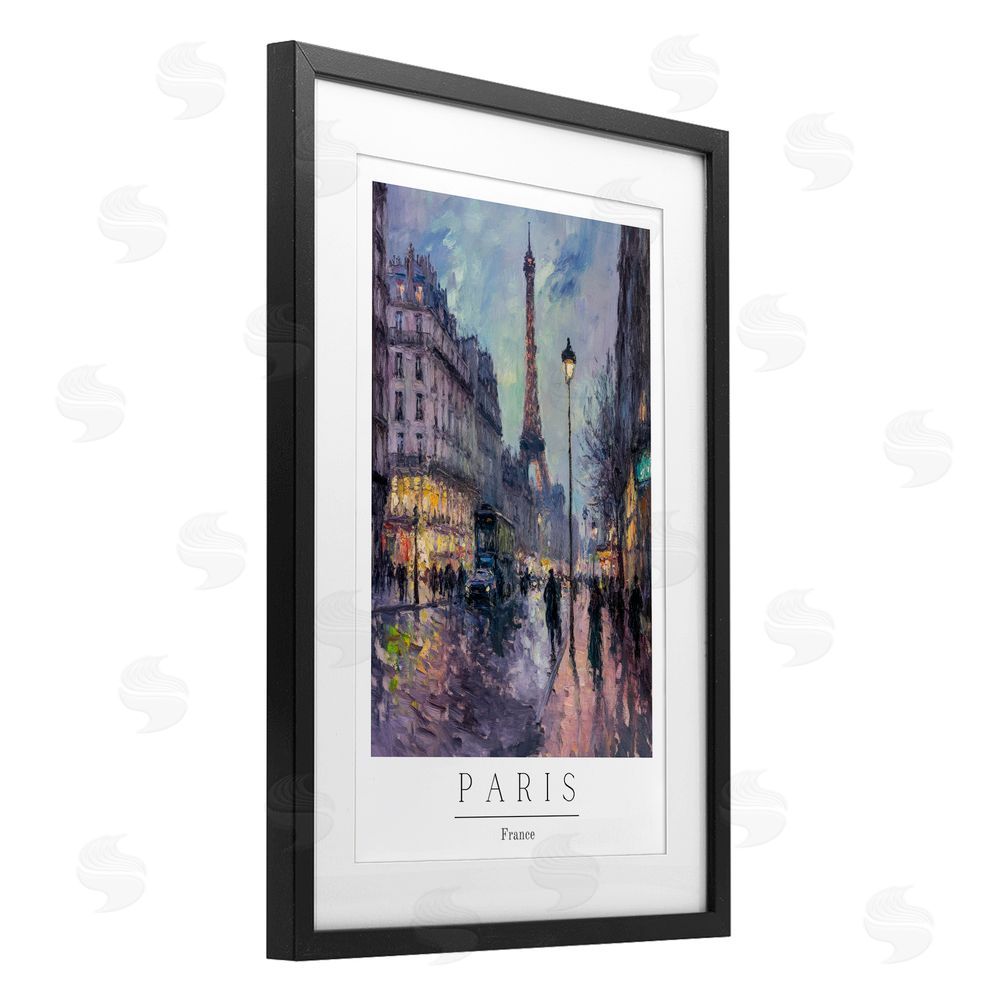 Petal Prints Design Vintage Paris Streets Night Black Framed Print Under Glass with White Mat Wall Art