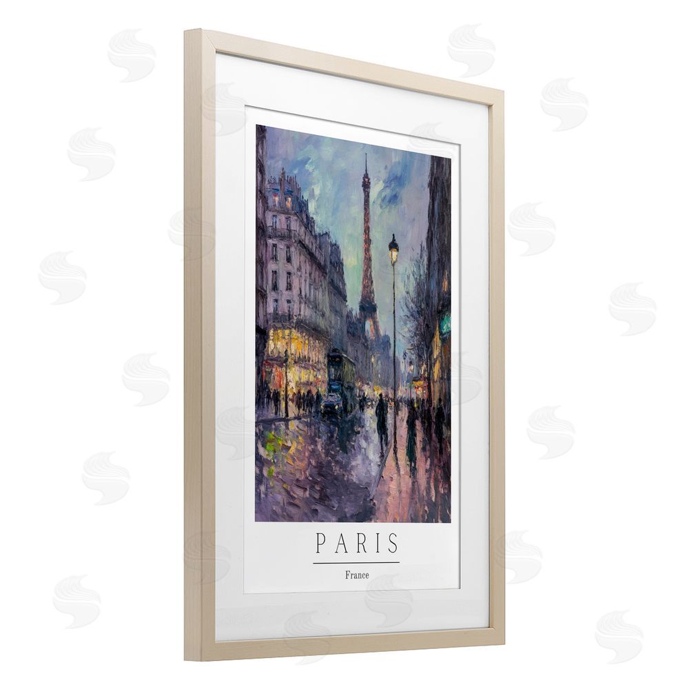 Petal Prints Design Vintage Paris Streets Night Birch Framed Print Under Glass with White Mat Wall Art