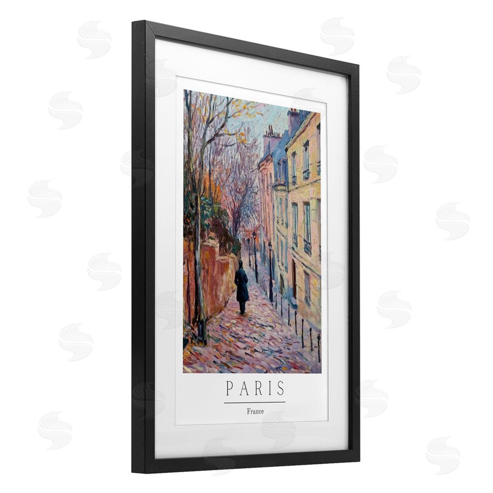 Petal Prints Design Fall Paris Street scene Black Framed Print Under Glass with White Mat Wall Art