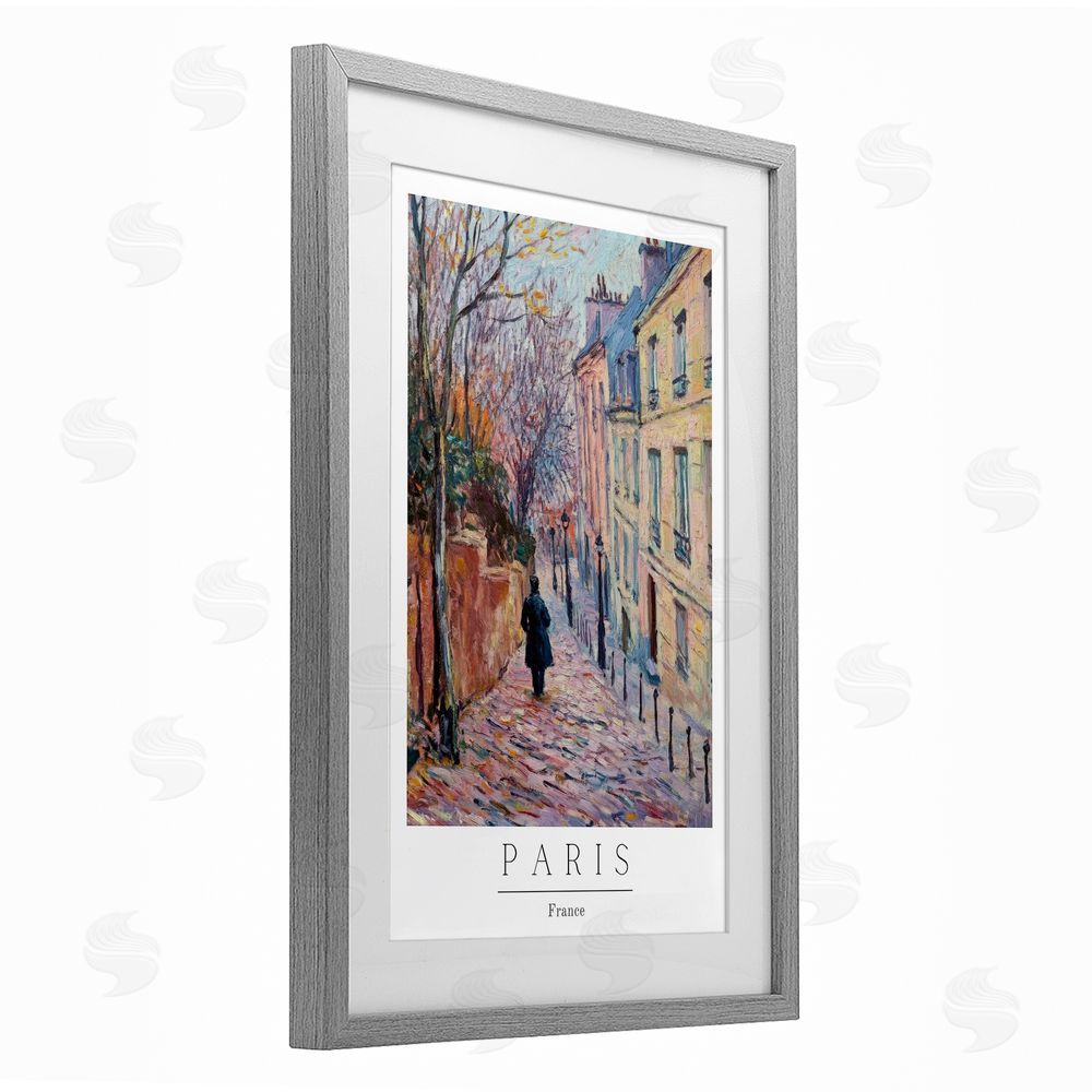 Petal Prints Design Fall Paris Street scene Gray Framed Print Under Glass with White Mat Wall Art