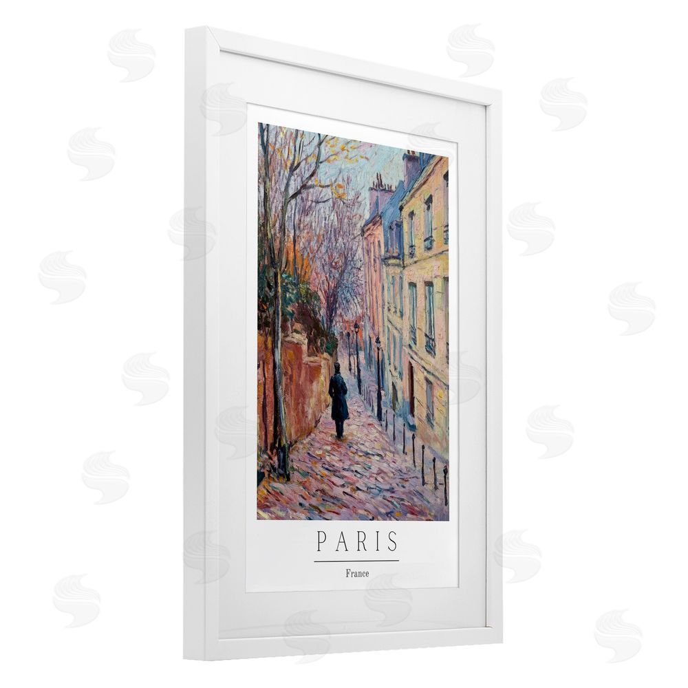 Petal Prints Design Fall Paris Street scene White Framed Print Under Glass with Mat Wall Art