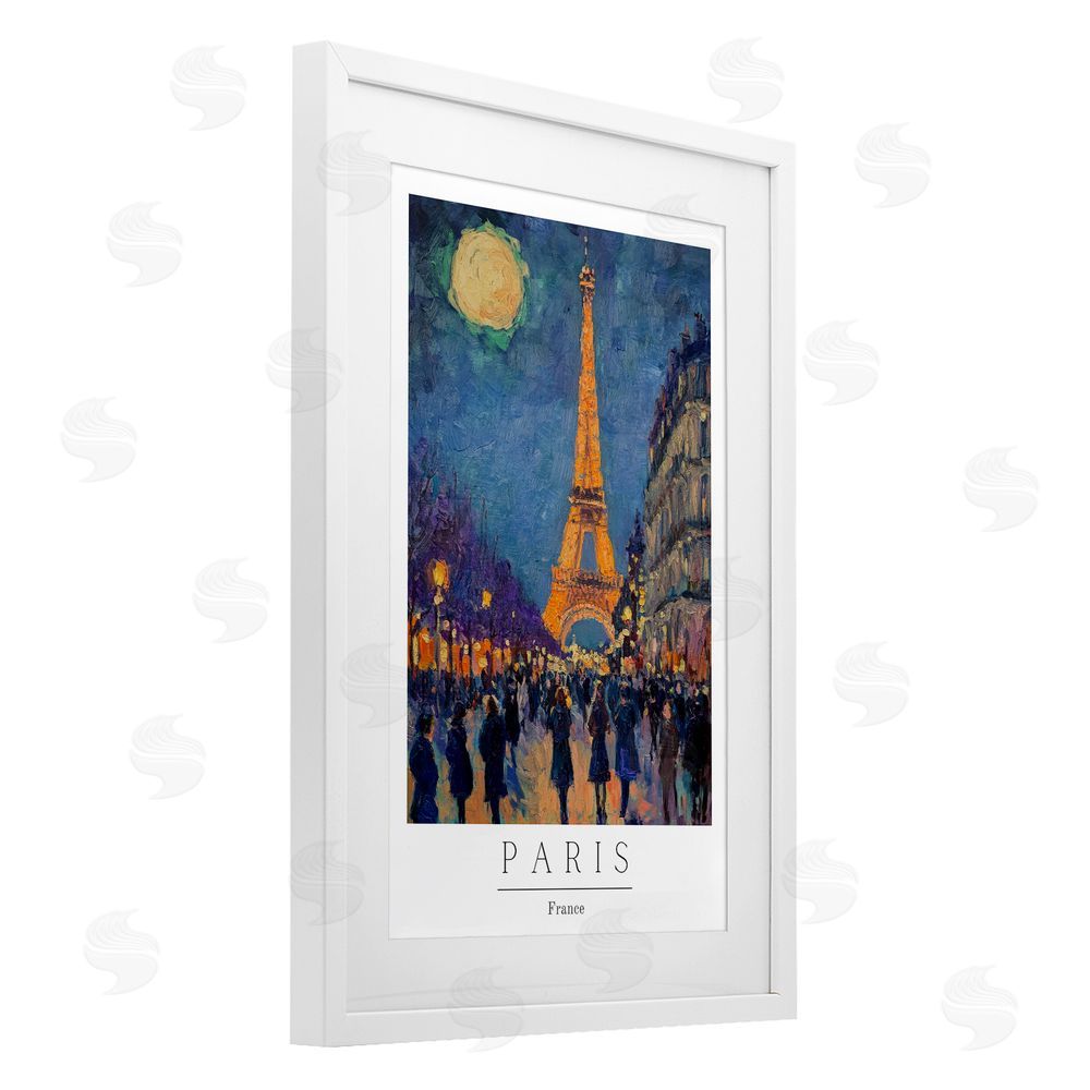 Petal Prints Design Vintage Paris Streets Night White Framed Print Under Glass with Mat Wall Art