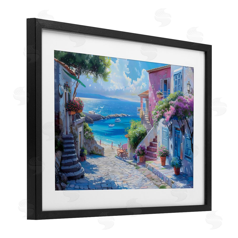 LSR Design Studio Dreamy Coastal City Scene Black Framed Print Under Glass with White Mat Wall Art