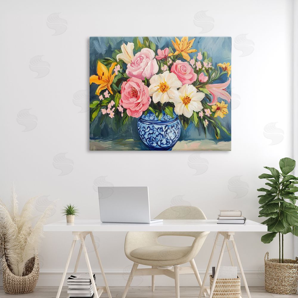 Petal Prints Design Indigo Chinoiserie Flower Vase Canvas Art on Wall