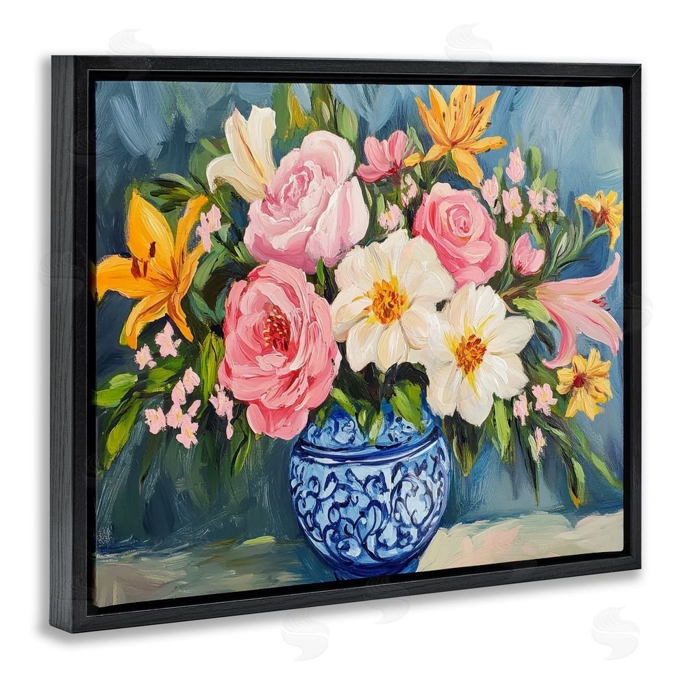 Petal Prints Design Indigo Chinoiserie Flower Vase Black Floating Frame Canvas Wall Art Print