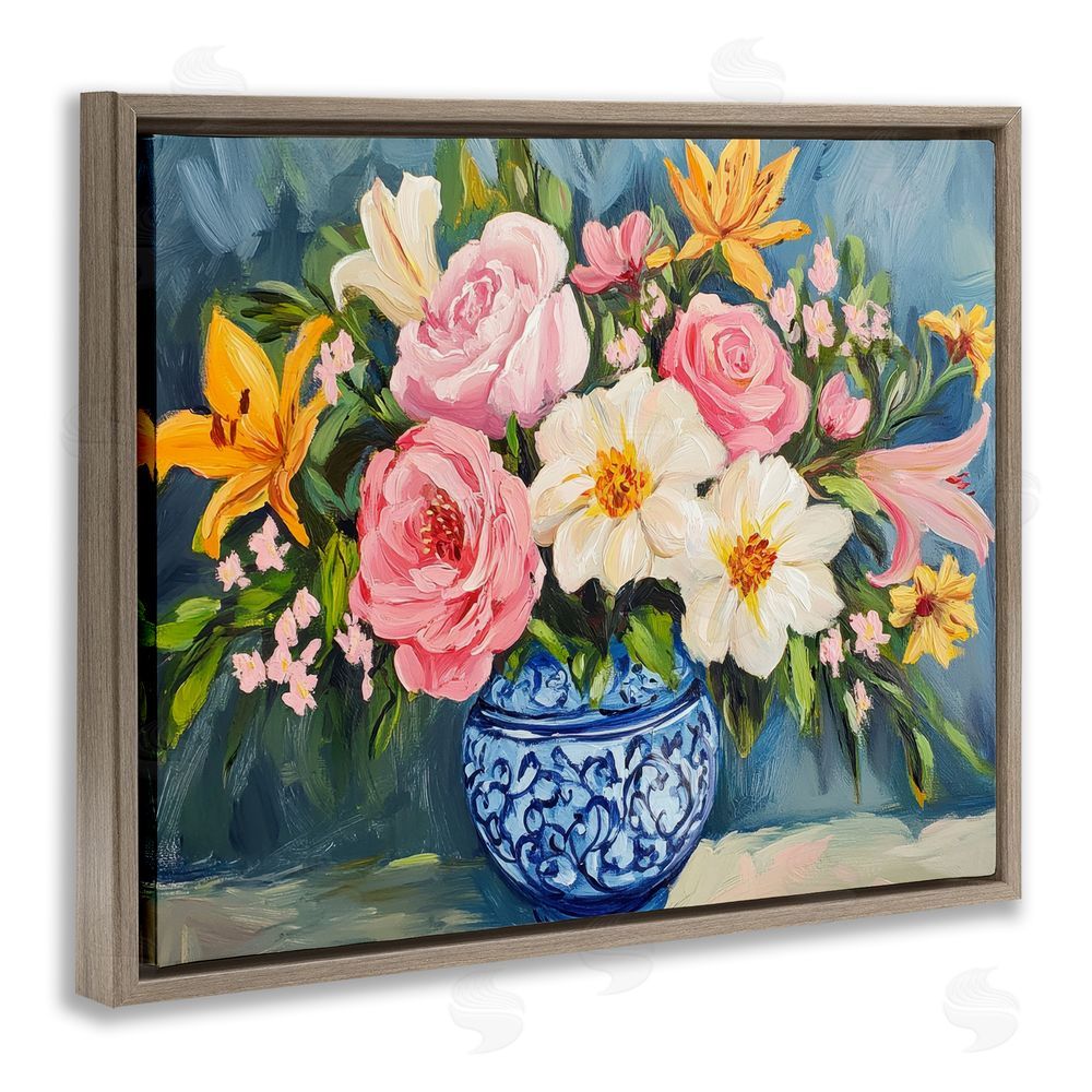 Petal Prints Design Indigo Chinoiserie Flower Vase Brown Floating Frame Canvas Wall Art Print