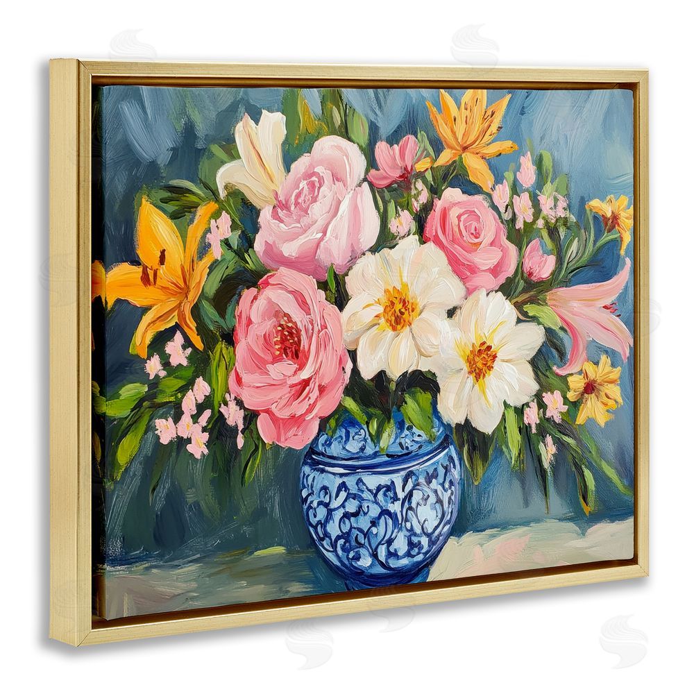 Petal Prints Design Indigo Chinoiserie Flower Vase Gold Floating Frame Canvas Wall Art Print