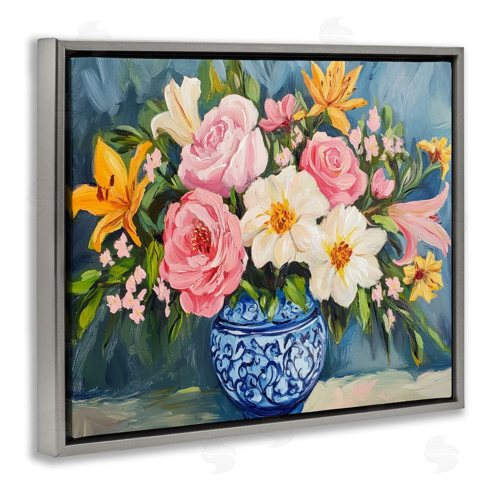 Petal Prints Design Indigo Chinoiserie Flower Vase Gray Floating Frame Canvas Wall Art Print