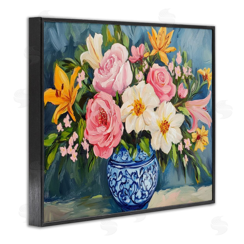 Petal Prints Design Indigo Chinoiserie Flower Vase Black Framed Giclee Wall Art Print