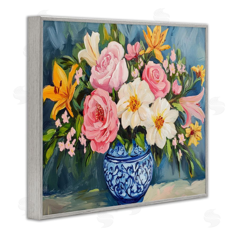 Petal Prints Design Indigo Chinoiserie Flower Vase Gray Framed Giclee Wall Art Print