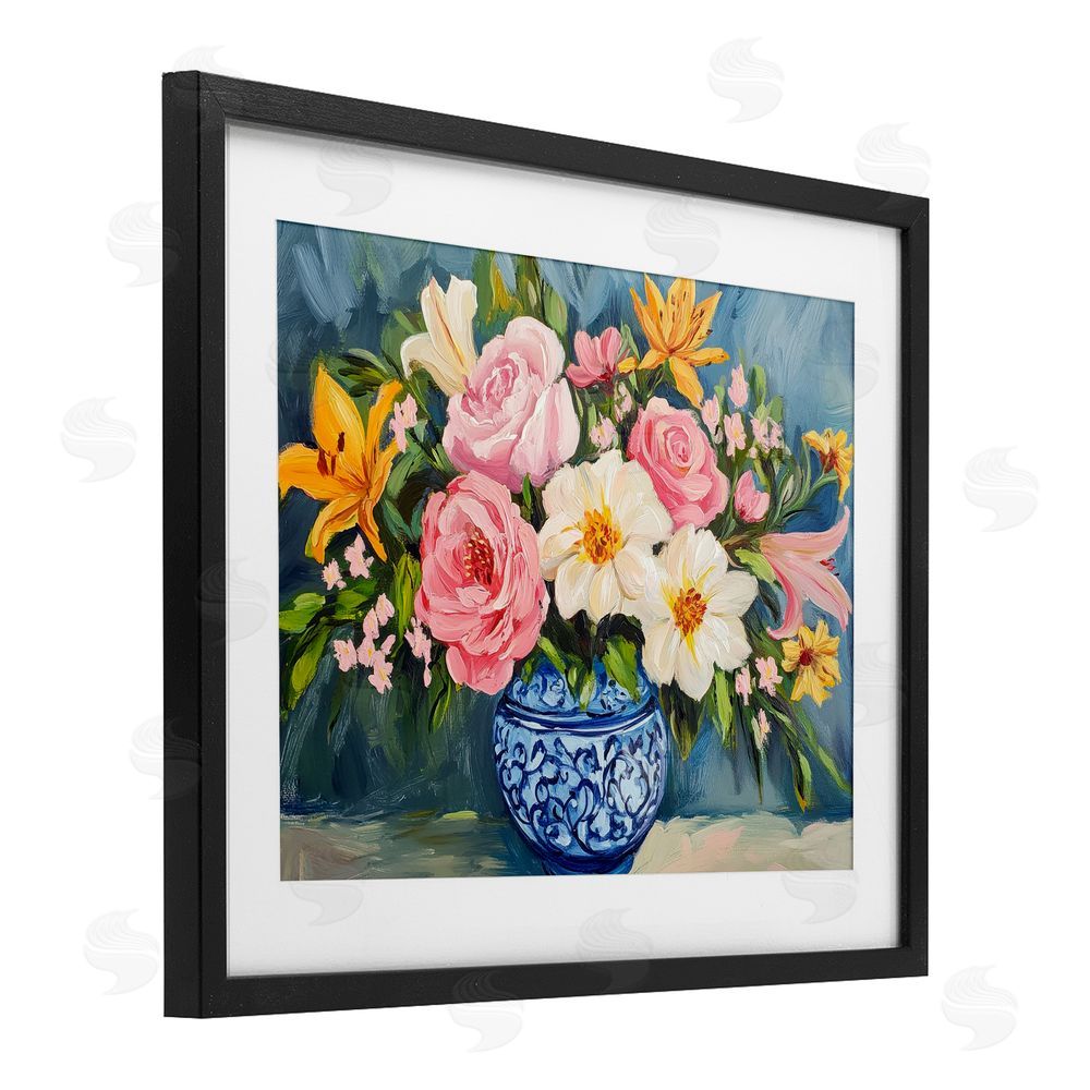 Petal Prints Design Indigo Chinoiserie Flower Vase Black Framed Print Under Glass with White Mat Wall Art