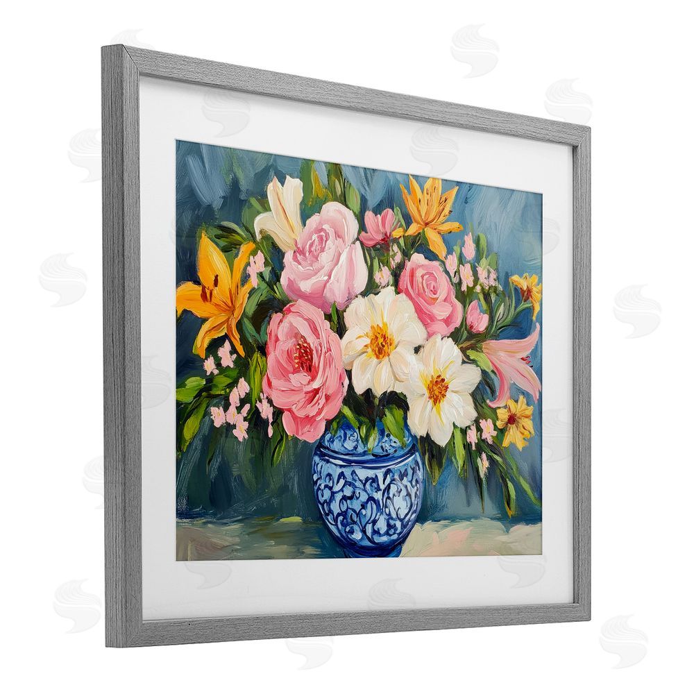 Petal Prints Design Indigo Chinoiserie Flower Vase Gray Framed Print Under Glass with White Mat Wall Art