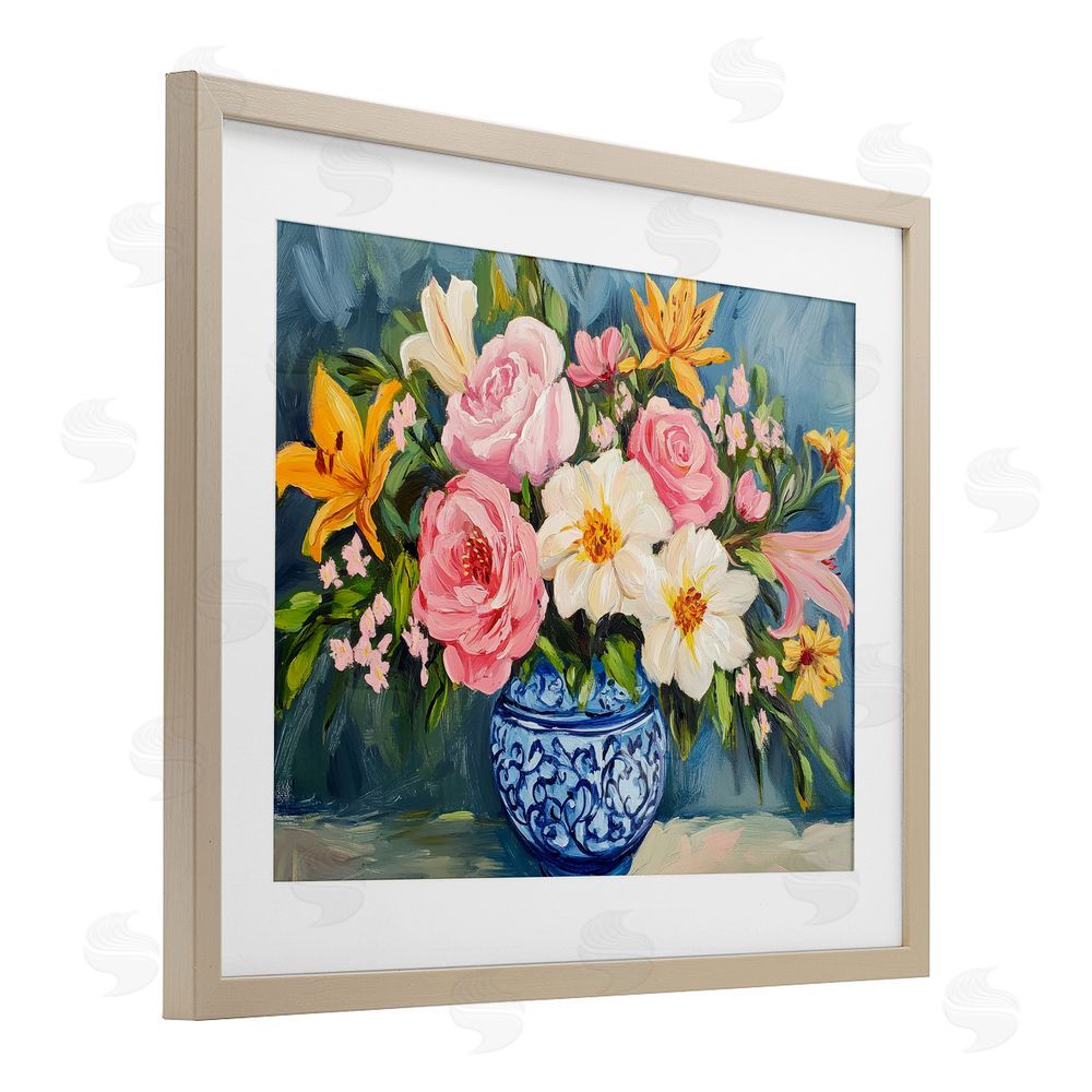 Petal Prints Design Indigo Chinoiserie Flower Vase Birch Framed Print Under Glass with White Mat Wall Art