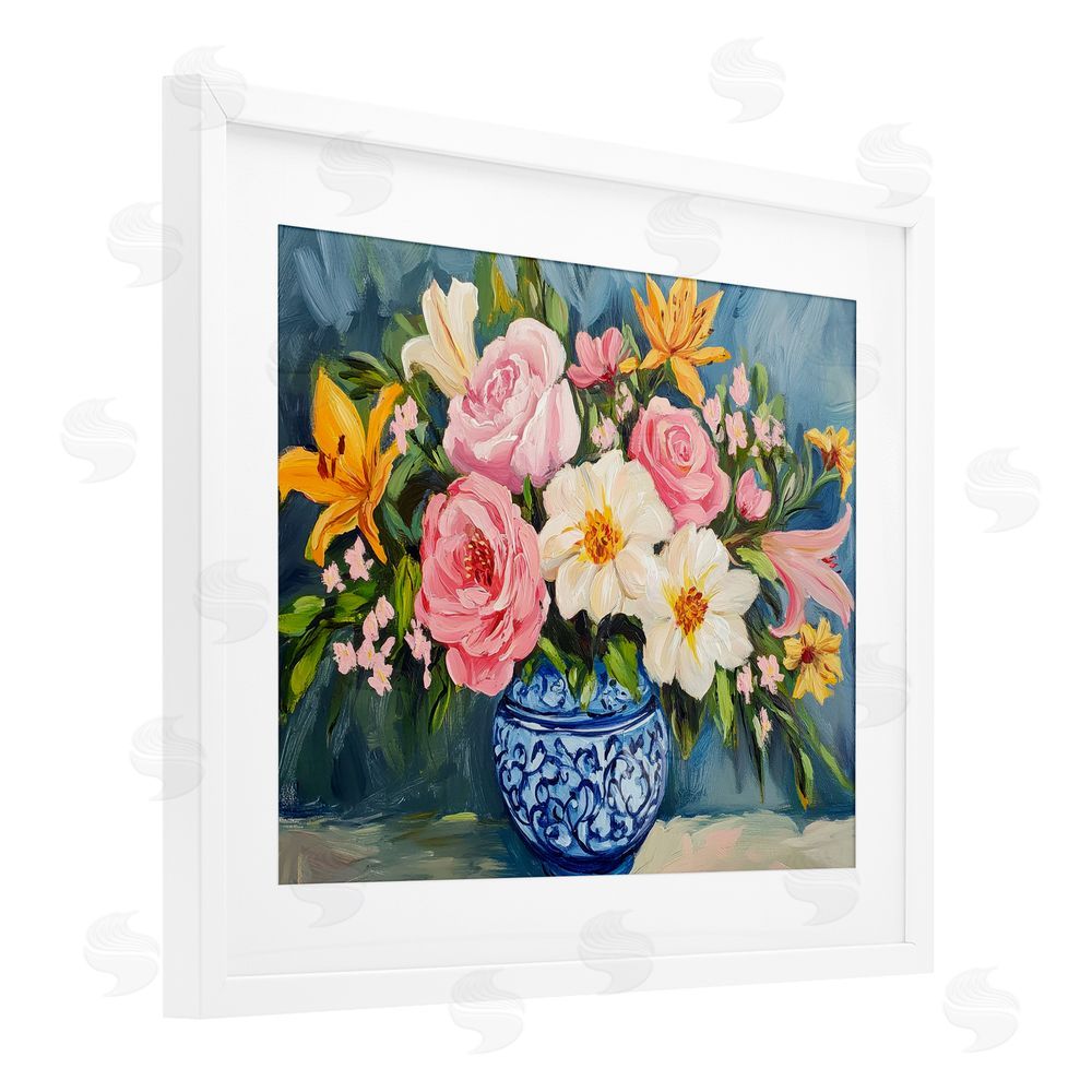 Petal Prints Design Indigo Chinoiserie Flower Vase White Framed Print Under Glass with Mat Wall Art