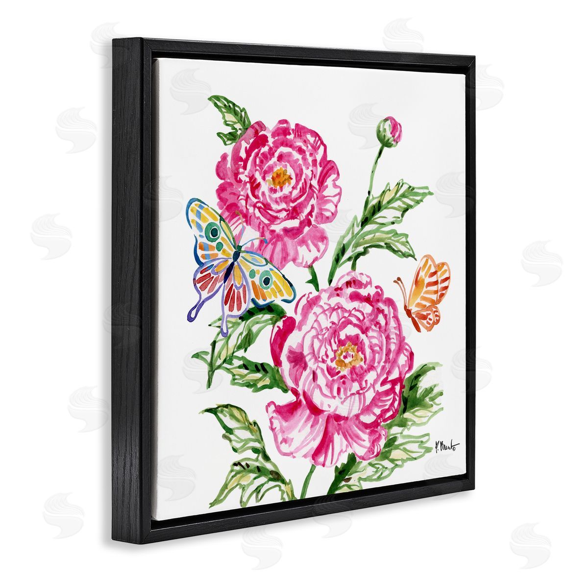 Paul Brent Brushstroke Peonies & Butterflies Black Floating Frame Canvas Wall Art Print