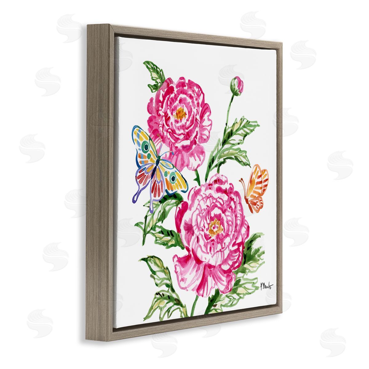 Paul Brent Brushstroke Peonies & Butterflies Brown Floating Frame Canvas Art Print